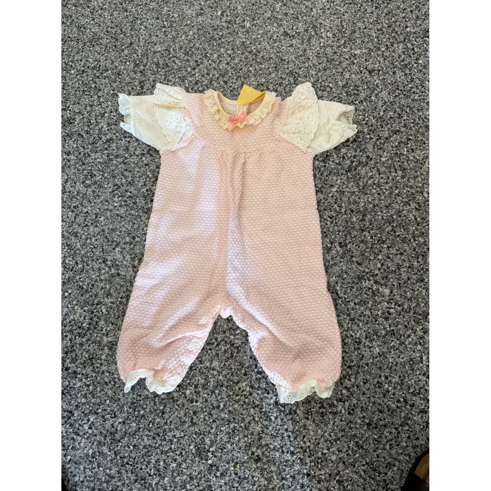 Vintage Carters Baby Girl Pink Pointelle Eyelet Lace Romper 6 Months Made in USA